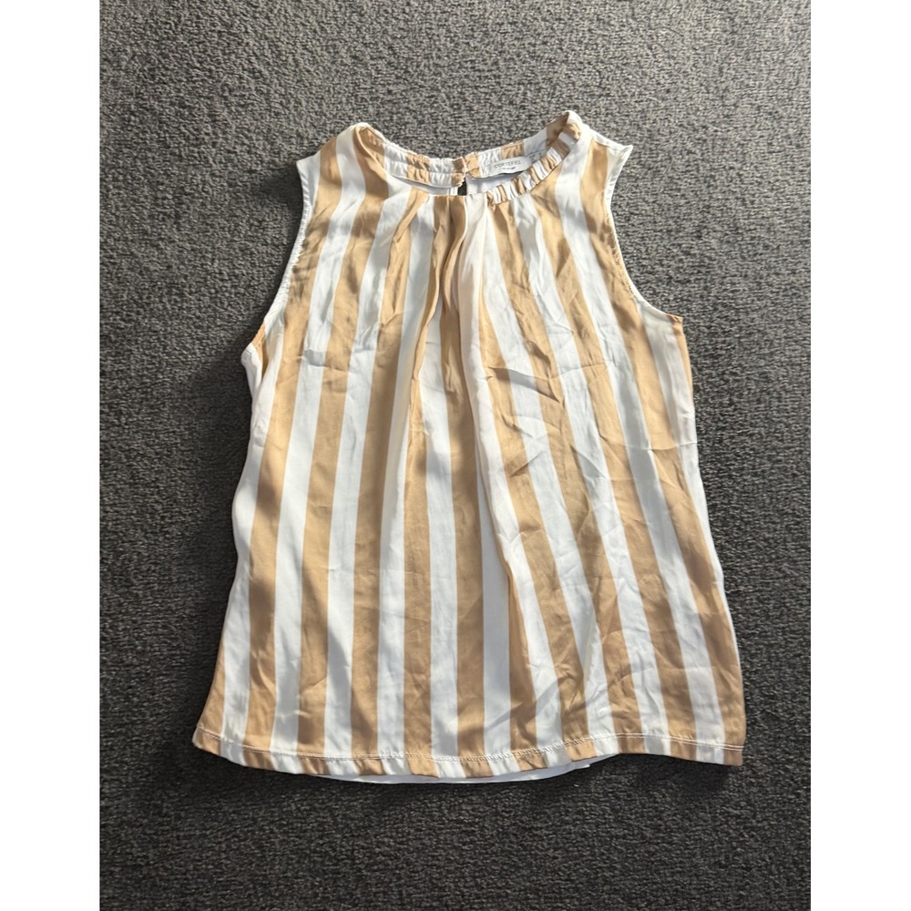 Cortefiel Women Tan White Striped Sleeveless Shell Blouse Top Size M